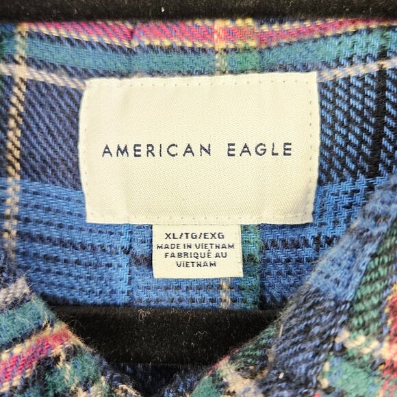 American Eagle XL Plaid Button Down Flannel Shirt Blue Cozy Fall Grunge Layering - Picture 7 of 11